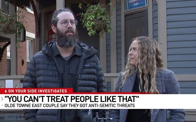 Nick and Tiffany Kinney speak to a local TV station about the incident, which is being investigated as a hate crime. (Screenshot/JTA)