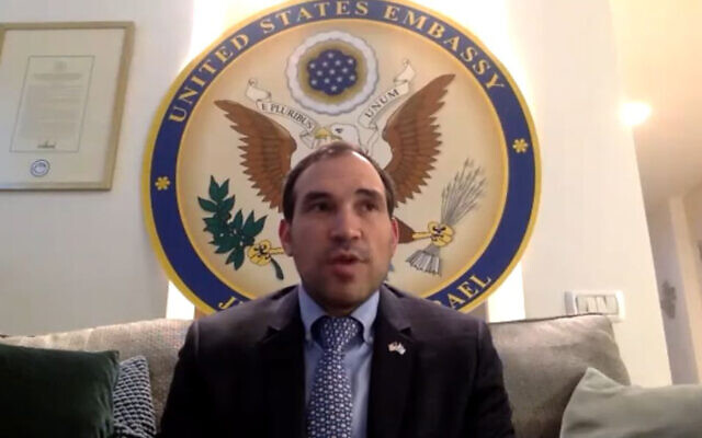 Rabbi Aryeh Lightstone, a senior aide to the US ambassador to Israel, speaks from the embassy in Jerusalem to an online conference of Christians United for Israel, April 30, 2020. (YouTube screenshot)