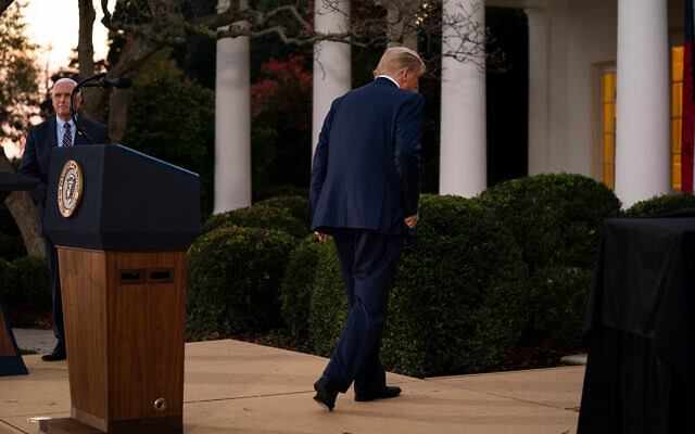 US President Donald Trump walks off after speaking in the Rose Garden of the White House in Washington, Nov. 13, 2020. (AP Photo/Evan Vucci)