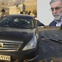 The scene where Mohsen Fakhrizadeh was killed in Absard, a small city just east of the capital, in Tehran, Iran, on November 27, 2020. (Fars News Agency via AP); Inset: Mohsen Fakhrizadeh in an undated photo. (Courtesy)