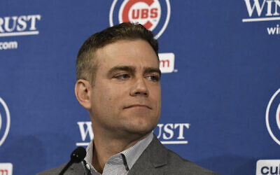 Theo Epstein at a press conference at Wrigley Field in Chicago, October 28, 2019. (David Banks/Getty Images)