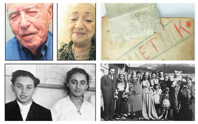 At left: Israel ‘Srulik’ Segalovitch, now Ira Segalewitz and Regina Puter, now Ruth Brandspiegel, in screenshots from a Zoom reunion, top, and together as teenagers, bottom. (Zoom/ Collection of Ira Segalewitz); Top right: A handkerchief from Ruth that Ira kept, along with his DP camp school memory book. (Photo by Scott Segalewitz); Bottom right: Purim in the Hallein DP camp, 1950. Ira is 3rd from left,  Ruth is center. (Collection of Ira Segalewitz)