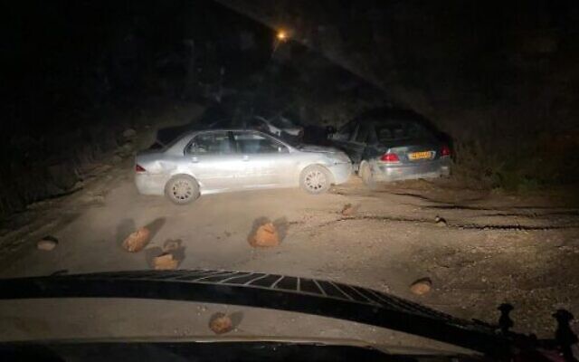 The scene of a suspected car-ramming attack by an extremist settler at the Kumi Ori outpost near the West Bank settlement of Yitzhar, November 25, 2020. (Border Police)
