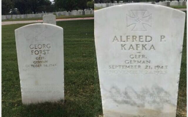 Two undated photos of POW headstones inscribed with swastikas at the Fort Sam Houston National Cemetery in San Antonio, Texas. (Courtesy of the Military Religious Freedom Foundation via JTA)