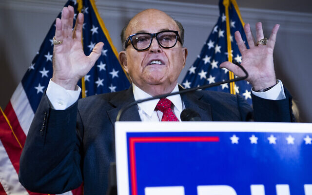 Rudy Giuliani conducts a news conference at the Republican National Committee on lawsuits regarding the outcome of the 2020 presidential election, November 19, 2020. (Tom Williams/CQ-Roll Call, Inc via Getty Images/JTA)