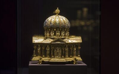 In this Jan. 9, 2014 file picture the medieval Dome Reliquary (13th century) of the Guelph Treasure, is displayed at the Bode Museum in Berlin. Jed Leiber was an adult before he learned that his family was once part-owner of a collection of centuries-old religious artworks now said to be worth at least $250 million. He is on a decades long mission to reclaim some 40 pieces of the Guelph Treasure, artwork, that his grandfather was forced to sell to the Nazis. It’s a pursuit that's now landed him at the Supreme Court, in a case to be argued Monday.  (AP Photo/Markus Schreiber,file)