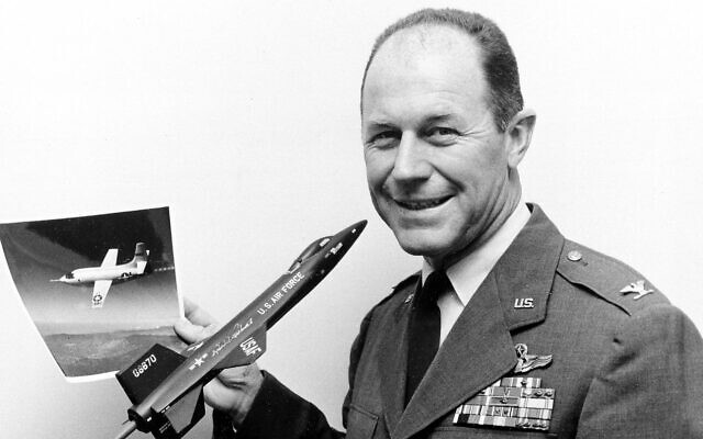 In this image provided by the US Air Force, Colonel Charles Yeager holds an X-1 in which he was the first man to break the sound barrier in 1947, shown Oct. 12, 1962. (AP Photo/US Air Force)
