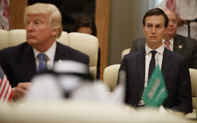 White House senior adviser Jared Kushner, right, looks on during a meeting between US President Donald Trump, left, and leaders at the Gulf Cooperation Council Summit in Riyadh, May 21, 2017. (AP/Evan Vucci)