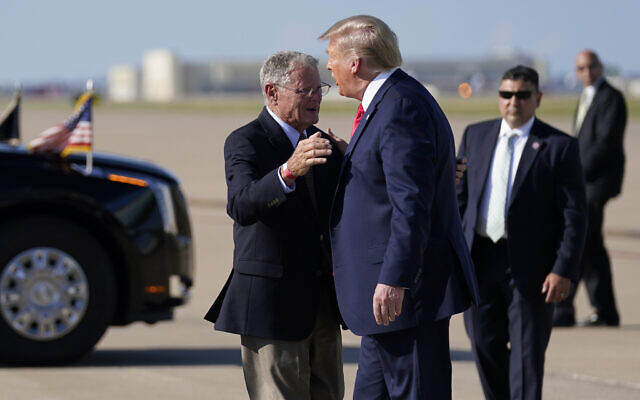 Sen. Jim Inhofe, R-Okla., hugs US President Donald Trump as he arrives at Tulsa International Airport on June 20, 2020, in Tulsa, Okla. (AP/Evan Vucci)
