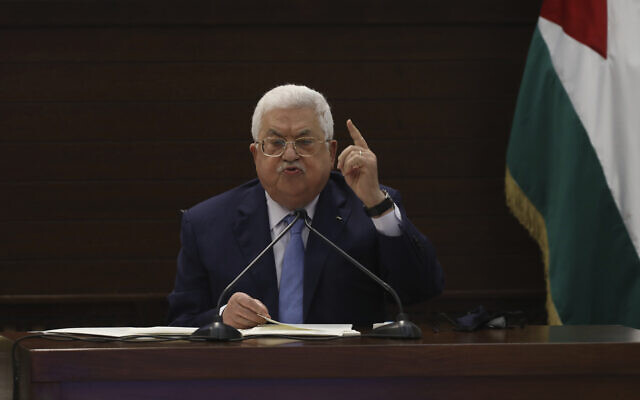 Palestinian Authority President Mahmoud Abbas speaks during a leadership meeting at his headquarters, in the West Bank city of Ramallah on September 3, 2020. (Alaa Badarneh/Pool Photo via AP)