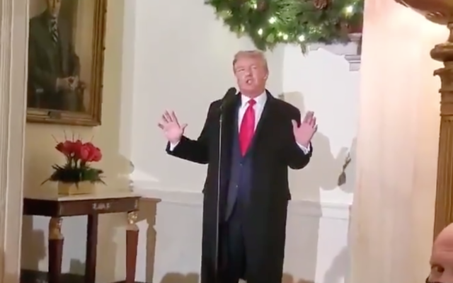 US President Donald Trump addresses the White House Hannukah party on December 9, 2020. (Screen capture/Twitter)