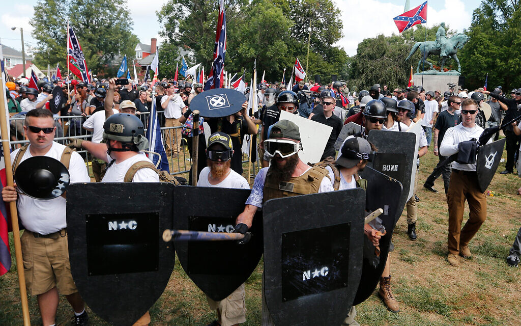 Illustrative: White nationalist demonstrators in Lee Park in Charlottesville, Virginia, August 12, 2017. (AP Photo/Steve Helber)