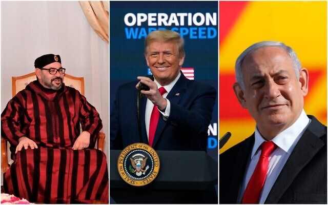 (L-R) Prime Minister Benjamin Netanyahu, US President Donald Trump and Moroccan King Mohammed VI (Abir Sultan, Evan Vucci and Moroccan Royal Palace/AP)