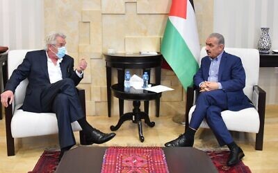 Norway's special envoy for the Middle East Peace Process Tor Wennesland, left. during a meeting with Palestinian Authority Prime Minister Mohammed Shtayyeh in Ramallah in June 2020 (WAFA)