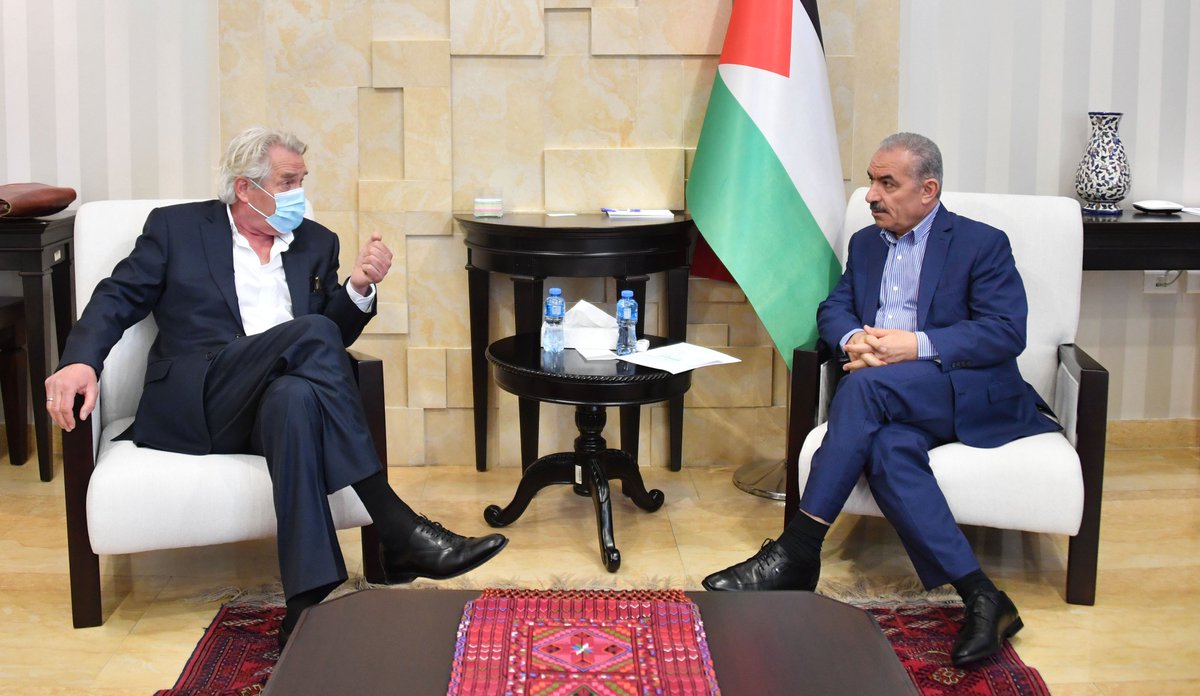 Norway’s special envoy for the Middle East Peace Process Tor Wennesland, left, during a meeting with Palestinian Authority Prime Minister Mohammed Shtayyeh, in Ramallah in June 2020 (WAFA)