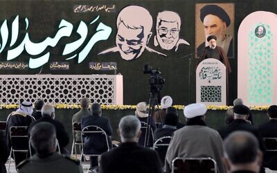 Iranian judiciary chief Ebrahim Raisi speaks during a ceremony on the occasion of the first anniversary of death of former Quds force commander Qasem Soleimani in Tehran, on January 1, 2021. (STR / AFP)