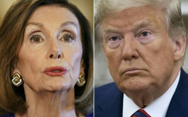 This file combination of pictures created on September 24, 2019 shows US Speaker of the House Nancy Pelosi (left), on September 24, 2019; and US President Donald Trump in Washington, DC, September 20, 2019. (Photos by Mandel NGAN and SAUL LOEB / AFP)