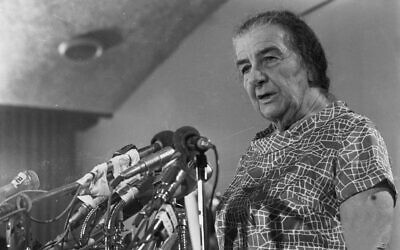 Then-prime minister Golda Meir speaks at a press conference during the 1973 Yom Kippur War in an undated photograph. (IDF Spokesperson's Unit/Defense Ministry Archive)