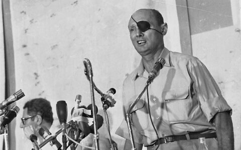 Then-defense minister Moshe Dayan makes a speech during the 1973 Yom Kippur War in an undated photograph. (IDF Spokesperson's Unit/Defense Ministry Archive)