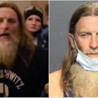 Robert Keith Packer seen during the storming of the Capitol on January 6, 2020 (L) and in custody in Virginia, January 13, 2013. (Screen capture: Twitter/Western Tidewater Regional Jail)