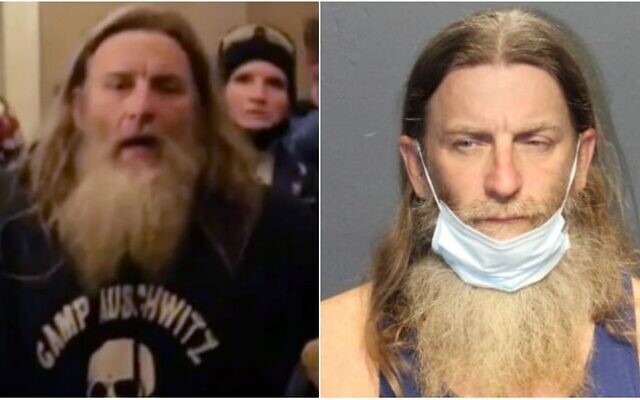 Robert Keith Packer seen during the storming of the Capitol on January 6, 2020 (L) and in custody in Virginia, January 13, 2013. (Screen capture: Twitter/Western Tidewater Regional Jail)