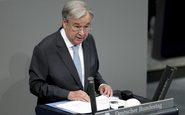 UN Secretary-General Antonio Guterres delivers a speech during a meeting of the German federal parliament, Bundestag, at the Reichstag building in Berlin, Germany, Friday, Dec. 18, 2020. (AP Photo/Michael Sohn)