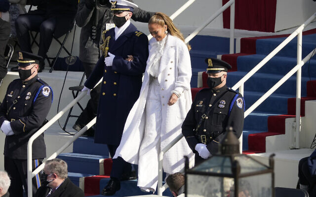 Jennifer Lopez arrives to perform during the 59th Presidential Inauguration at the U.S. Capitol in Washington, Wednesday, Jan. 20, 2021. (AP Photo/Andrew Harnik)