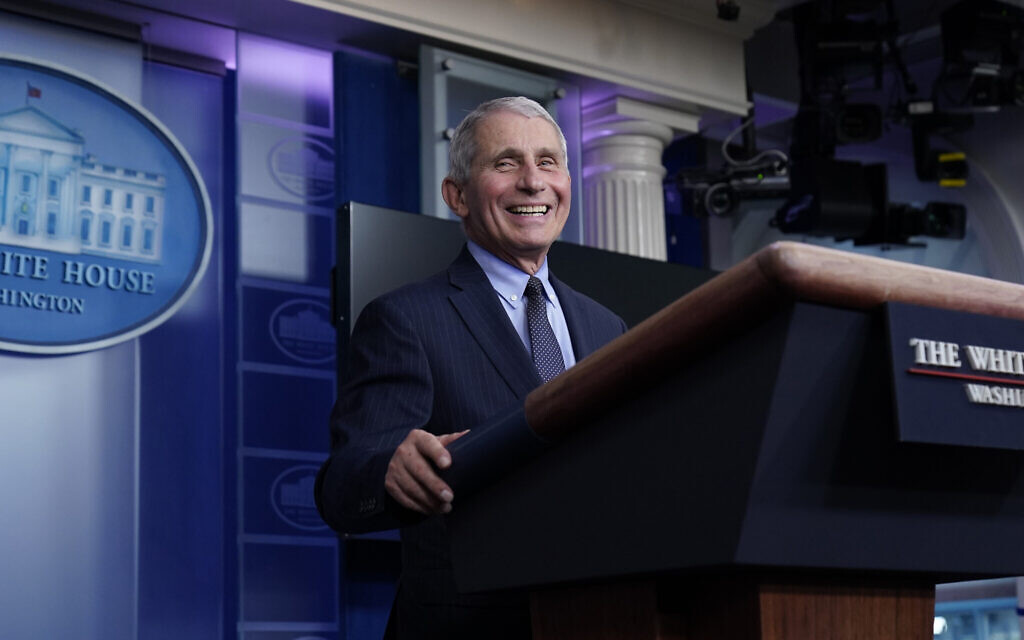 Dr. Anthony Fauci, director of the National Institute of Allergy and Infectious Diseases, laughs while speaking in the James Brady Press Briefing Room at the White House, Jan. 21, 2021, in Washington. (AP Photo/Alex Brandon)