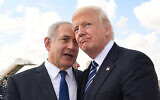 Then-US president Donald Trump (right) with then-prime minister Benjamin Netanyahu prior to Trump's departure to Rome at the Ben Gurion International Airport in Tel Aviv, on May 23, 2017. (Kobi Gideon/GPO via Flash90)