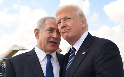 Then-US president Donald Trump (right) with Prime Minister Benjamin Netanyahu prior to Trump’s departure to Rome, at Ben Gurion International Airport, May 23, 2017. (Kobi Gideon/GPO via Flash90)