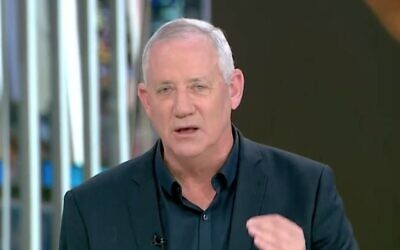 Screen capture from video of Blue and White party leader Defense Minister Benny Gantz during an interview with Channel 13 news, January 12, 2021. (Channel 13 news)