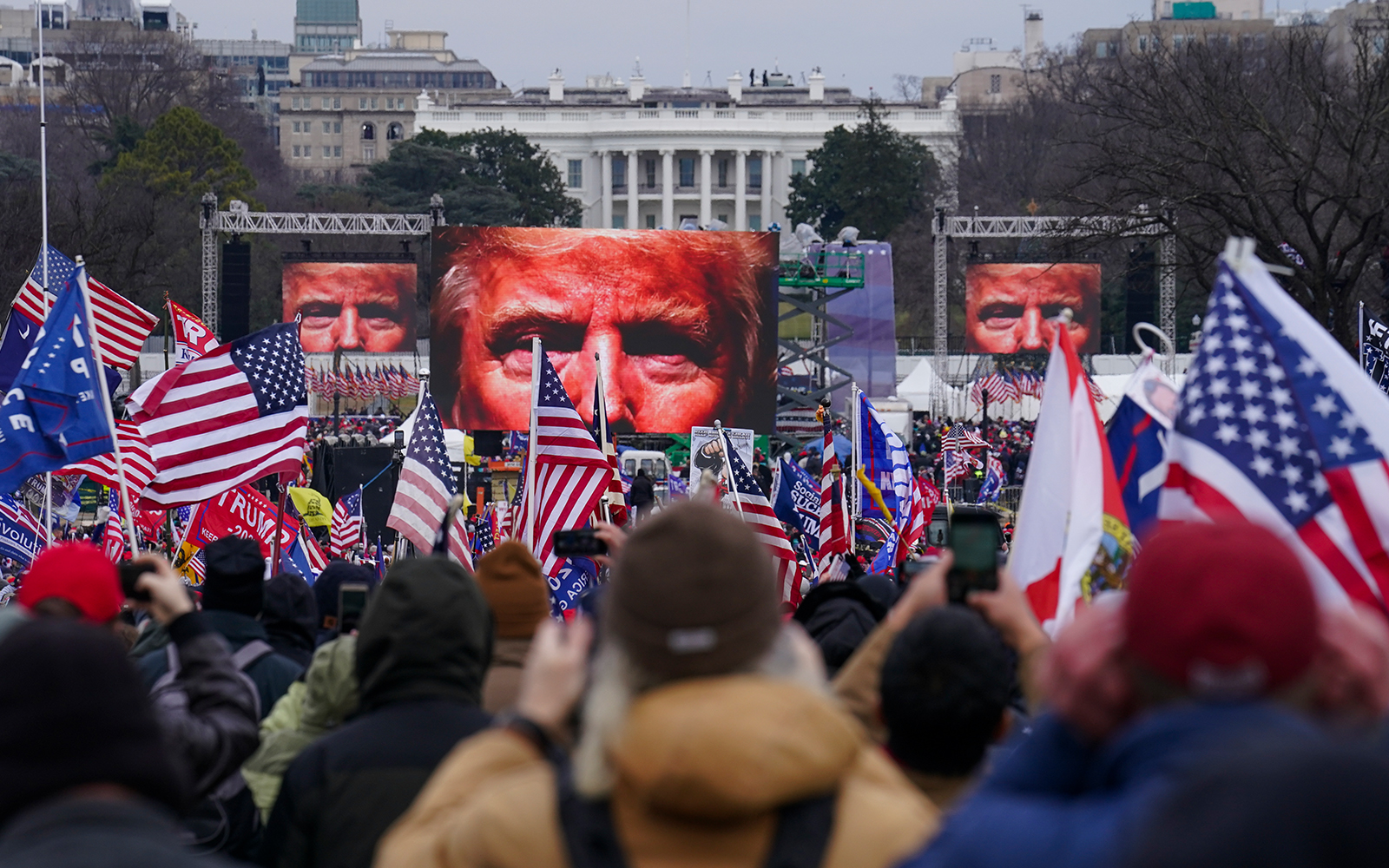 Trump supporters at a rally before an assault on the US Capitol, Washington, January 6, 2021. (AP Photo/John Minchillo)