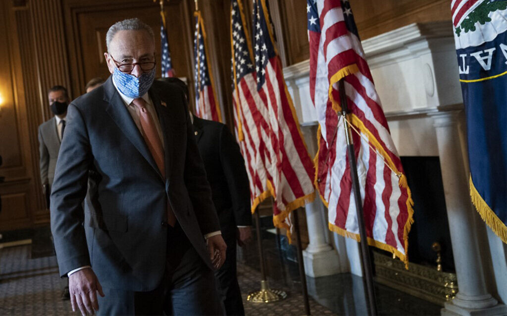 US Senate Majority Leader Chuck Schumer speaks to reporters at the US Capitol in Washington, January 21, 2021. (Drew Angerer/Getty Images/AFP)