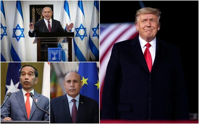 (Clockwise from top right) Prime Minister Benjamin Netanyahu, US President Donald Trump, Mauritania's President Mohamed Ould El-Ghzaouani and Indonesian President Joko Widodo. (Collage/AP)