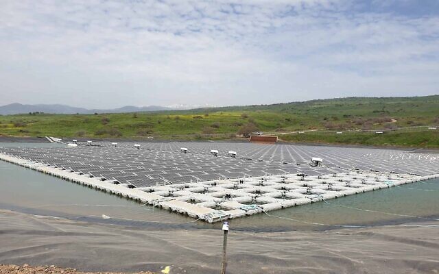 Solar panels floating on a reservoir on the Golan Heights, near to Kibbutz Shamir, in northern Israel. (Courtesy, Golan Solar)