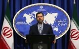 Iranian foreign ministry spokesman Saeed Khatibzadeh during a press conference in Tehran, on February 22, 2021. (Atta Kenare/AFP)