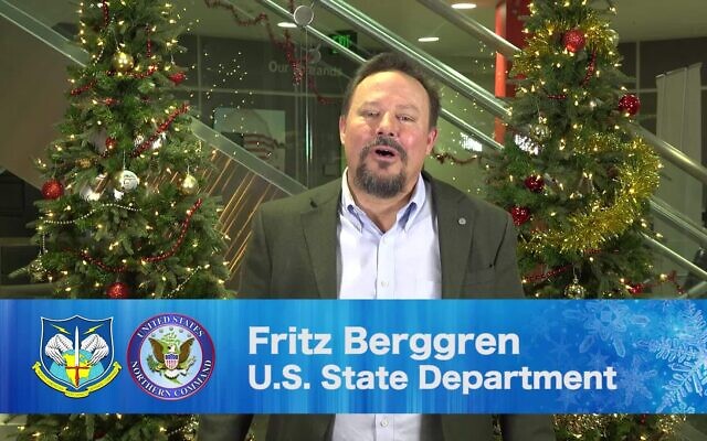 Fritz Berggren appears in a holiday video shared by the US Department of Defense in 2018. (Department of Defense via JTA)