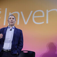 Amazon Web Services CEO Andy Jassy, discusses a new initiative during AWS re:Invent 2019 in Las Vegas, December 5, 2019. (Isaac Brekken/AP Images for NFL)