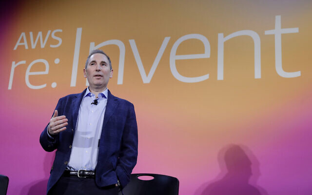 Amazon Web Services CEO Andy Jassy, discusses a new initiative during AWS re:Invent 2019 in Las Vegas, December 5, 2019. (Isaac Brekken/AP Images for NFL)