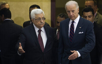 Mahmoud Abbas, left, and Joe Biden after their meeting in the West Bank city of Ramallah, Wednesday, March 10, 2010. (AP/Bernat Armangue)
