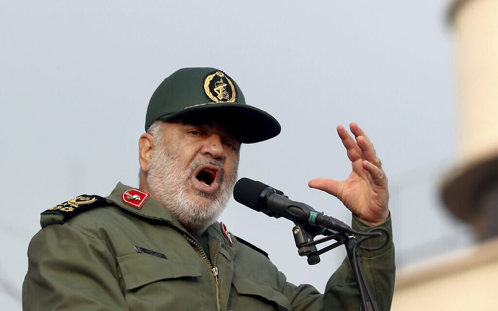 Chief of Iran's Revolutionary Guard Gen. Hossein Salami speaks at a pro-government rally in Tehran, Iran, on November 25, 2019. (Ebrahim Noroozi/AP)