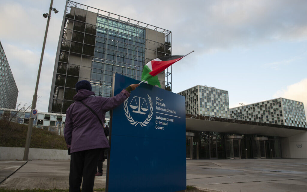 A demonstrator poses with a Palestinian flag outside the International Criminal Court, ICC, during a rally urging the court to prosecute Israel's army for war crimes, in The Hague, Netherlands, November 29, 2019. (AP/Peter Dejong)