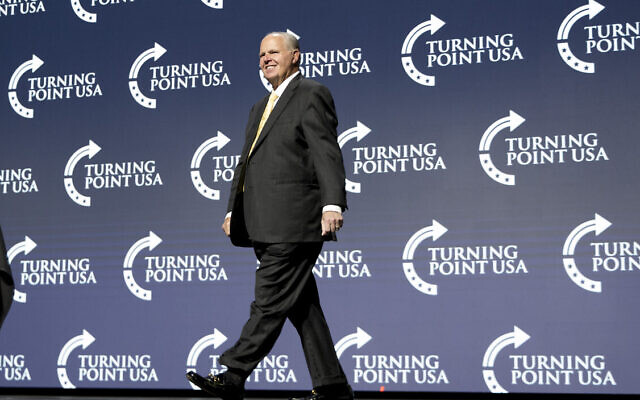 Radio personality Rush Limbaugh takes the stage to introduce US President Donald Trump at the Turning Point USA Student Action Summit at the Palm Beach County Convention Center in West Palm Beach, Flaorida, December 21, 2019. (AP Photo/Andrew Harnik)