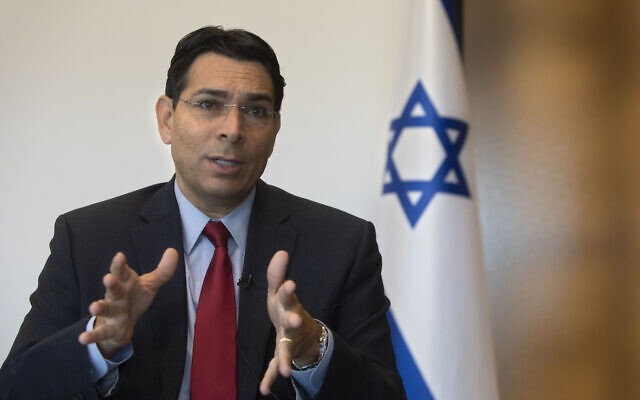 Israel's then ambassador to the United Nations Danny Danon speaks during an interview with The Associated Press in the central Israeli city of Ra'anana, July 28, 2020. (Sebastian Scheiner/AP)