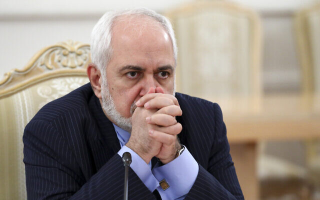 Iranian Foreign Minister Mohammad Javad Zarif listens during the talks in Moscow, Russia, January 26, 2021. (Russian Foreign Ministry Press Service via AP)
