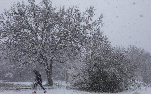 A man walks in the snow in the Golan Heights on Feb. 17, 2021. (AP Photo/Ariel Schalit)