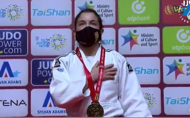 Timna Nelson Levy after her victory in the Tel Aviv Judo Grand Slam (Screenshot: Twitter)