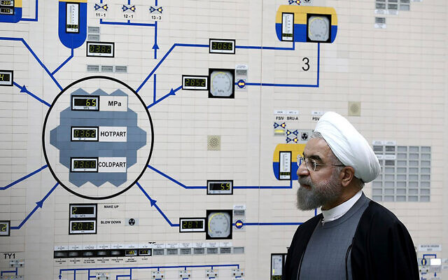 Illustrative: Iranian President Hassan Rouhani visits the Bushehr nuclear power plant just outside of Bushehr, Iran, January 13, 2015. (AP Photo/Iranian Presidency Office, Mohammad Berno, File)