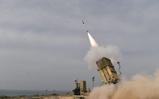 An Iron Dome missile defense system fires an interceptor at a target during an exercise in early 2021. (Defense Ministry)