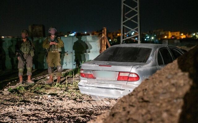 A car used in a failed shooting-ramming attack on Israeli troops on January 9, 2021. (Israel Defense Forces)